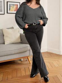 Calvaya Pull ample à encolure en V, manches longues, couleur unie, automne/hiver