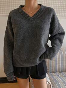 DAZY 1 件女士简约纯色宽松 V 领长袖毛衣，适合秋冬季，秋季女装 - 灰色 - 查看 4