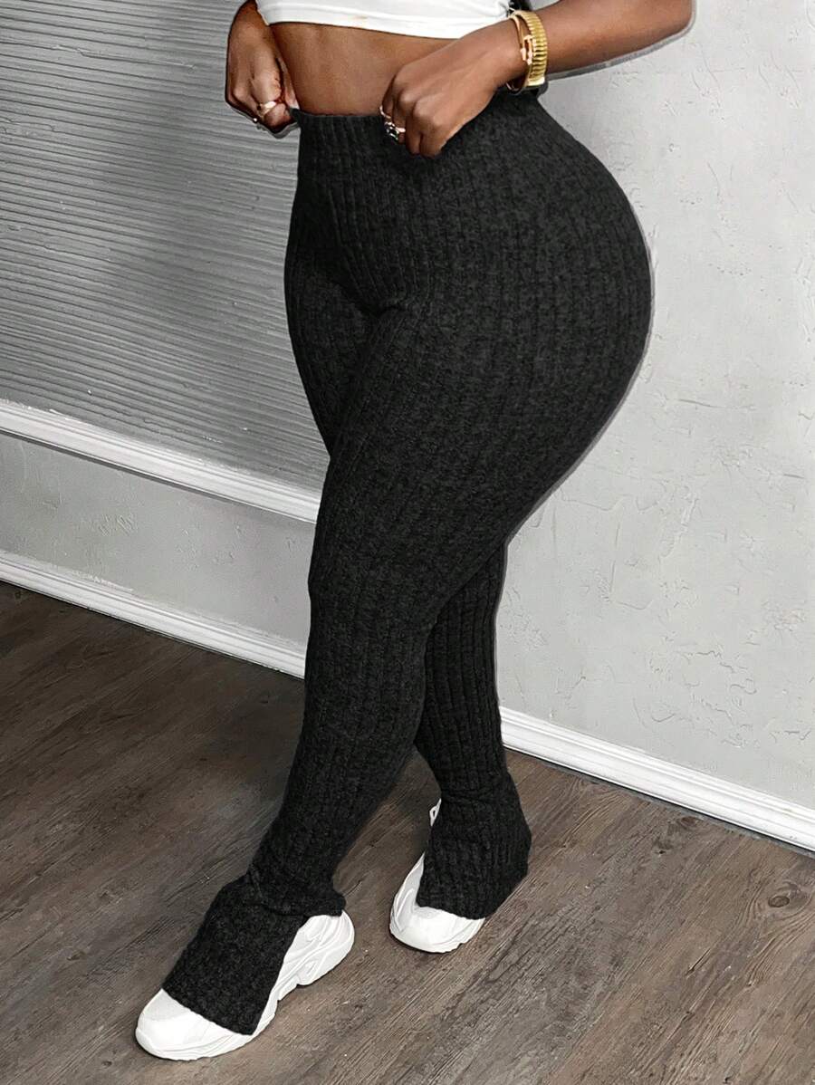 Slaydiva Casual Ribbed Knit Elastic Waist Slit Hem Flare Leg Pants - Black - View 1