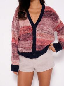 MUSERA Contrast Binding Marble Knit Cardigan Casual Y2k 90's Stripe - Multicolor - View 4