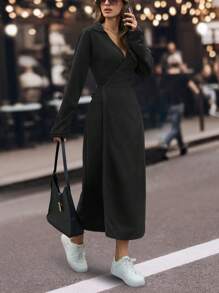 SHEIN Women Grey Long Dress With Cuff Detail