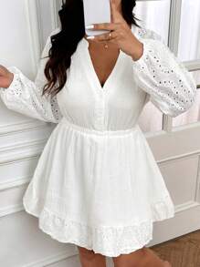 SHEIN Frenchy Casual Simple Embroidered V-Neck Cinched Waist A-Line White Plus Size Cotton Dress, Suitable For Leisure And Home Wear, Autumn - White - View 6