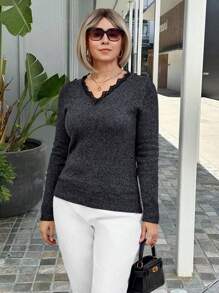 Miaspire Women Casual V-Neck Long Sleeve Contrast Lace Sweater For Everyday Wear, Autumn/Winter