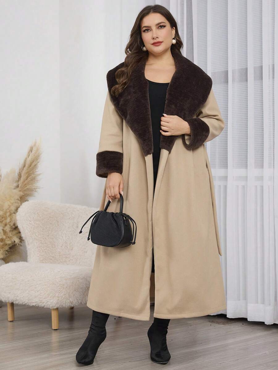 Modelyn Plus Size Fluffy Collar Splicing Elegant Long Sleeve Overcoat, Autumn/Winter