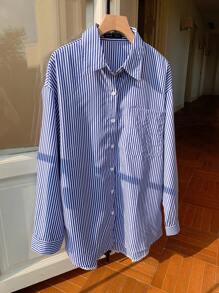 Comfortcana Striped Print Drop Shoulder Shirt - Blue and White - View 6