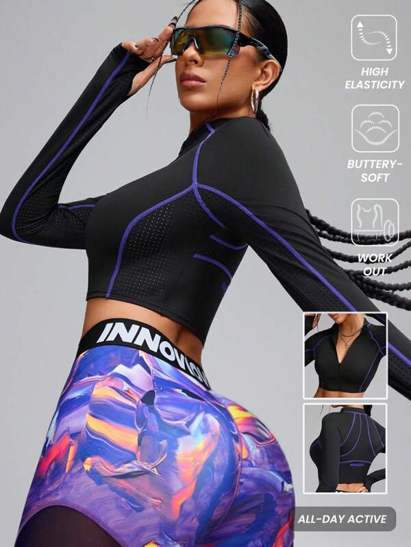 Innovista Chaqueta deportiva de ajuste ceñido con cremallera frontal de bloques de color, cuello alto, para entrenamiento, gimnasio, esquí, alpinismo, chaqueta de otoño, parte superior de entrenamiento, chaqueta de manga larga, senderismo, al aire libre, chaqueta de invierno para mujer, conjunto de mujer de otoño e invierno, sudadera corta, ropa de gimnasio, chaqueta de mujer