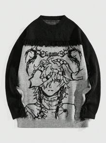 ROMWE MEN Men's Dropped Shoulder Long Sleeve Round Neck Anime Character Tasseled Graphic Pullover Sweater, Autumn/Winter - Grey - View 1