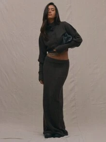 MUSERA Low Rise Knitted Maxi Skirt Only Night Out Occasion Cute Sexy Winter Elegant - Coffee Brown - View 1