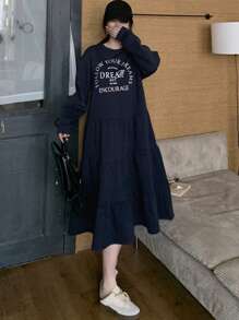 DAZY Women Casual Letter Print Ruffle Hem Mini Dress, Suitable For Autumn,Back To School Clothes,Fall Women Clothes Long Sleeve Dress