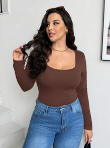 SHEIN Essnce Plus Size Long Sleeve Bodysuit For Women, Long Sleeve Bodysuit For Fall, Bodysuit For Women,Fall Clothes Women Tops Fall Women Shirts Fall Women Outfits Tops With Sleeves Long Sleeves Woman Long Sleeve Women Tops Long Sleeve Bodysuit