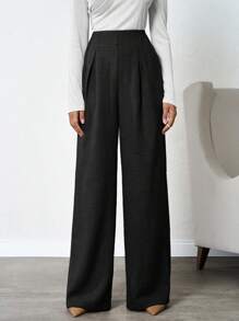 SHEIN 100%Cotton Plus Women's Linen Beige Wide Leg Pants - Black - View 4