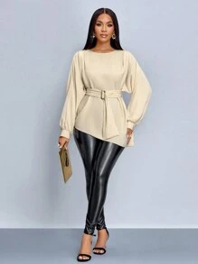 SOLERSUN Chemise à manches chauve-souris couleur abricot pour femmes, col rond et ceinture à la taille, forme en X, simple et décontractée, manches longues pour l'automne et l'hiver, tenues d'automne, vêtements d'hiver - Nude - Voir 1
