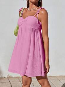 SHEIN EZwear 女士纯色细肩带系带褶皱下摆简约短款休闲连衣裙 - 粉色 - 查看 4