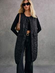Poéselle 女款純色前扣無袖加厚棉墊外套背心，冬季外穿絎縫夾克，24 AW - 黑色 - 查看 4
