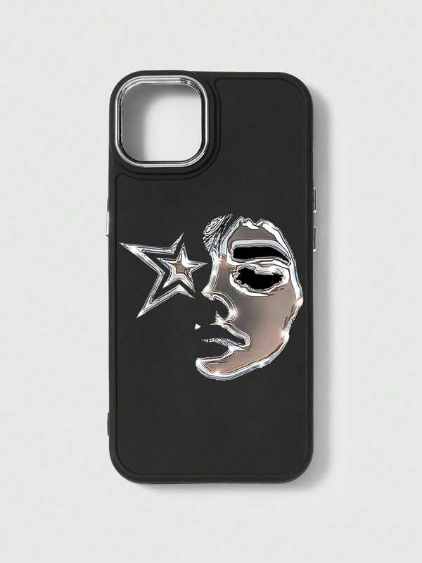 ROMWE Grunge Punk 1pc Half Face Star Pattern Black Phone Case Compatible With Apple IPhone 11 12 13 14 15 Pro Max 16