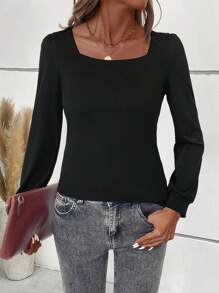 SHEIN LUNE Casual Solid Color Long Sleeve Shirt, Versatile For Autumn Fall Cloth For Women - Black - View 1