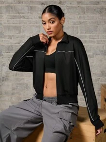 Easithlete Áo khoác thể thao tối giản dài tay có khóa kéo phía trước dành cho nữ, sử dụng hàng ngày - màu đen - Xem 3