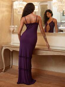 Opulessa Dark Purple,Autumn,Chic,Party Night Women Bodycon Knit Mesh Fitted Strap Ruffle Hem Dress,Cocktail Christmas New Year Eve Formal Gown,Vacation - Purple - View 3