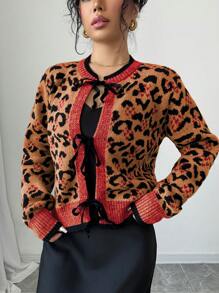 SHEIN Unity 女士豹纹蝴蝶结正面开衫 - 橘色 - 查看 6