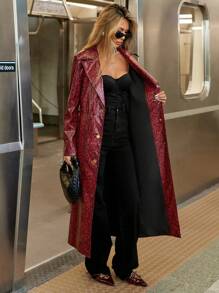 SHEIN X Belinda SHEIN Essnce Burgundy Snake Print Red All-Over Leather Suit Collar Long Sleeve Button Lapel Extra Long Waterproof And Windproof Jacket With Leather Belt Autumn And Winter