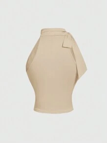 SHEIN MOD Stand Collar Bowknot Drawstring Smocked Apricot Elegant Sleeveless Top - Khaki - View 2