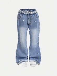 Girls' Cute Floral Ruffled Loose Fit Wide Leg Jeans, Casual - Light Wash - View 1