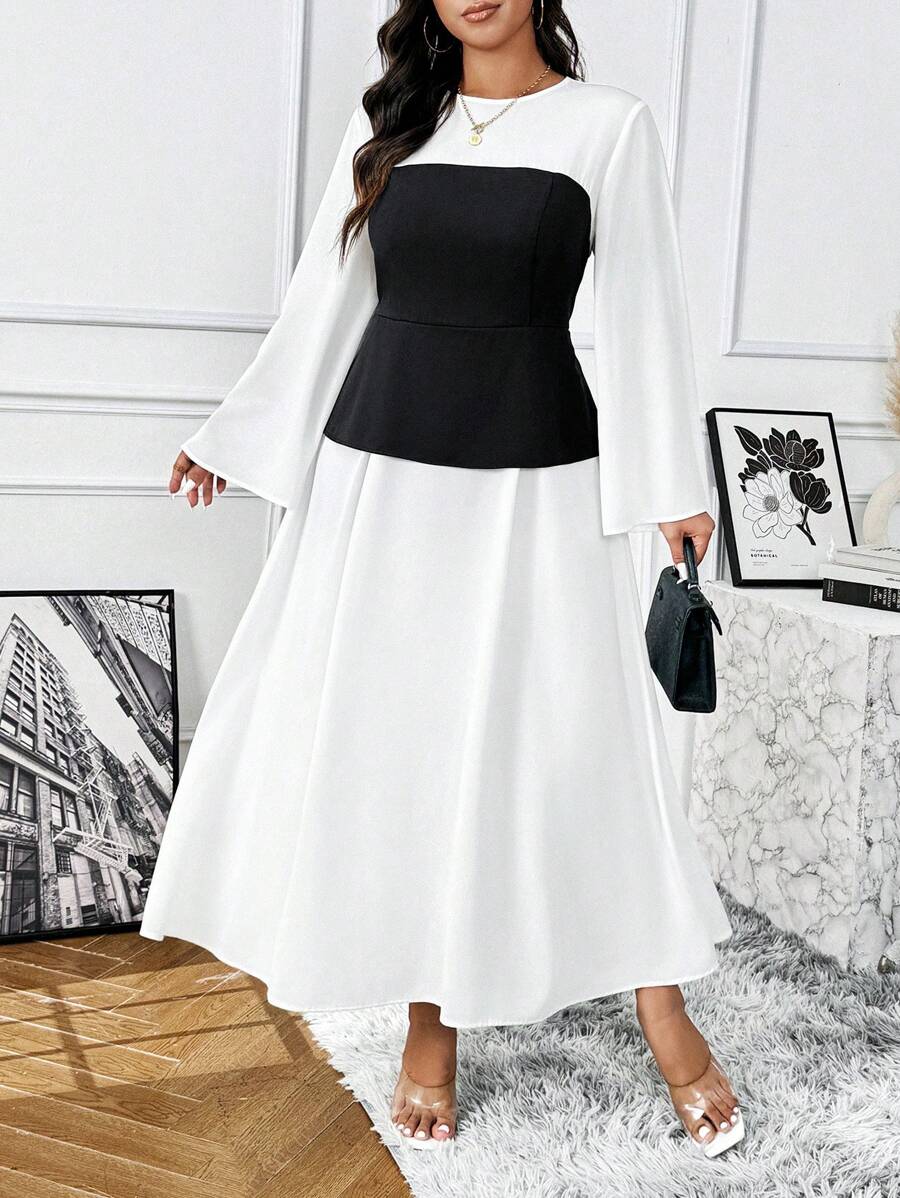 Franclia Plus Size Women Colorblock 2 In 1 Bell Sleeve Long Dress - Black and White - View 1