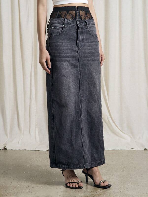 AiiRZ Fusta maxi din denim decolorat cu detaliu de corset din dantela transparenta
