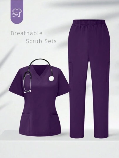 TaskEZ 1 Set Solid Color Short Sleeve Top And Pants Nurse Scrub Uniform Set