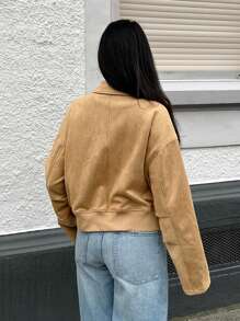SHEIN EZwear Women's Solid Color Front Zipper Long Sleeve Simple Casual Pocket Bomber Jacket - Khaki - View 2