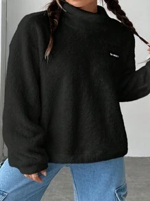 Solflare Plus Size Letter Applique High Neck Drop Shoulder Teddy Fleece Black Sweatshirt, Autumn/Winter Fuzzy Oversized Fall Sweatshirt - Black - View 5