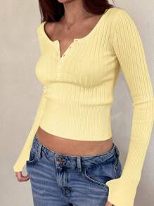 Mystra Women Casual Button Up Ribbed Slim Fit Long Sleeve Sweater , T-Shirt Suitable For Summer And Autumn/Winter Seasons
