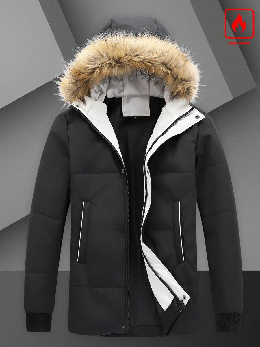 Manfinity Homme 1 chiếc Áo khoác có mũ trùm đầu cho nam có cổ lông, Áo khoác có đệm màu trơn, Áo khoác ngoài ấm áp đi chơi Áo khoác mùa đông màu đen, Quà tặng cho bạn bè, chồng, bạn trai - màu đen - Xem 1