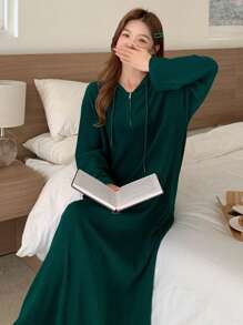 DAZY Minimalist Fuzzy Ribbed Knit Zip-Up Hooded Loose Fit Casual Dress Fall,Winter, Cozy Outfit - Green - View 6