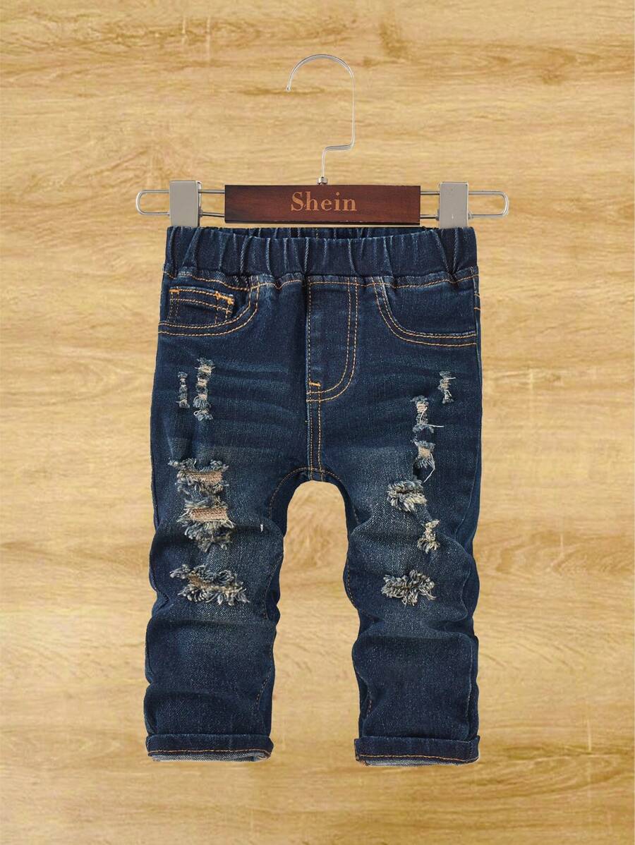 SHEIN Baby Boy Spring Summer Solid Washed Pocket Ripped Denim Jeans,Baby Boys Summer Clothes Outfits - Dark Wash - View 1