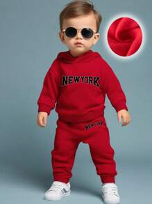 2 piezas Conjunto de sudadera con capucha y pantalones casuales gruesos con estampado de letras divertido para bebé niño, otoño/invierno - Rojo - Ver 1