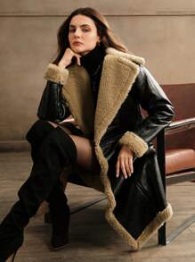 SHEIN x Carly Lawrence Anewsta 1pc Fashionable Premium Modern Detachable Faux Shearling Black Coat For Autumn/Winter - Black - View 10