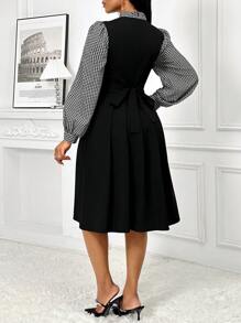 SHEIN Lady Autumn And Winter Elegant Black And White Woven Tie Neck Flared Midi Long Sleeve Dresses - Multicolor - View 2