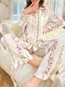 CottageSlumber Set de 2 piezas de pijama con estampado de textura de burbujas, cuello con volantes y apertura al frente, para temporada festiva y vacaciones