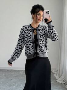SHEIN Unity Women's Leopard Print Tie Front Cardigan Fall Cloth For Women - Grey - View 4