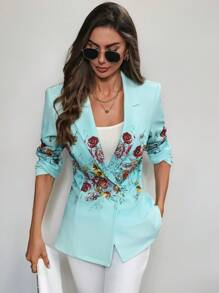 SHEIN Clasi Chaqueta blazer de ajuste regular con estampado floral y doble botonadura para mujer