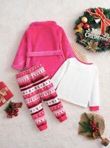 Cozy Pixies Baby Girl 3pcs Christmas Reindeer Pattern Colorblock Crew Neck Long Sleeve Top, Long Pants And Thick Robe Set, Winter Clothes - Hot Pink - View 2