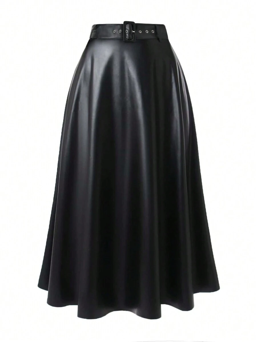 SHEIN Clasi Plus Size Autumn Casual Versatile Belt Detail A-Line Skirt - Black - View 1