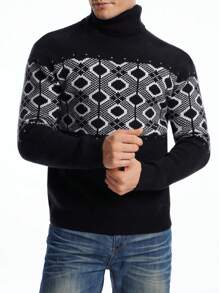 Manfinity Homme Men's Geometric Pattern Colorblock Turtleneck Sweater, Casual For Autumn/Winter - Multicolor - View 5