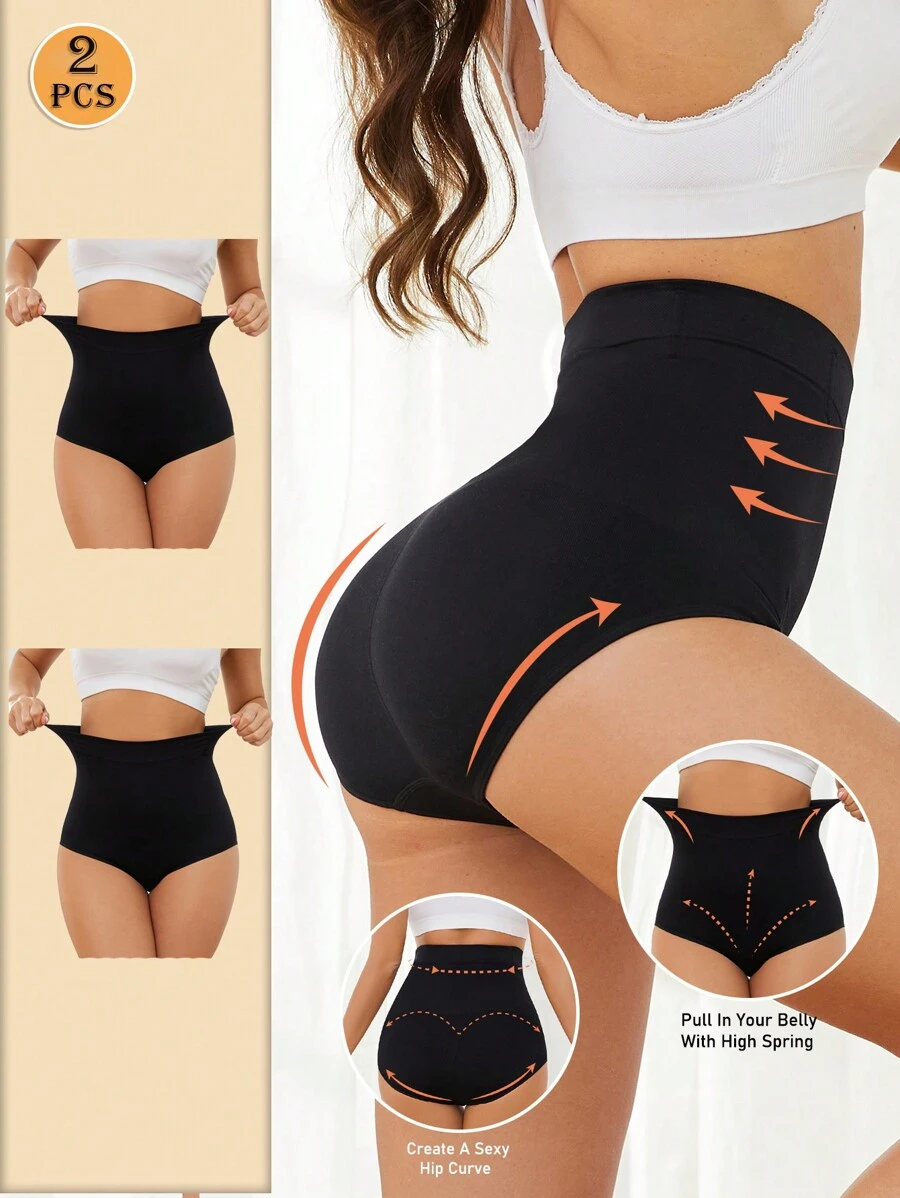 2pcs/Set Women Seamless High Waist Shaping Brief Panties & Waist Cincher Bodysuit - Black - View 1