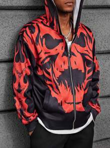 Manfinity Dauomo Men's Allover Print Hooded Zip-Up Long Sleeve Sweatshirt