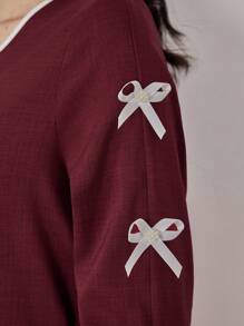 Yasmyna 女士优雅浪漫蝴蝶结撞色条纹派对连衣裙，休闲 A 字型阿拉伯朴素酒红色长袖连衣裙，适合日常休闲 - 酒紅色 - 查看 5