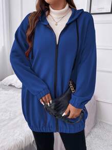 Flirla Chaqueta con capucha casual de manga larga con hombros caídos y estampado de eslogan para mujer de talla grande, otoño