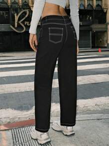 SHEIN EZwear 女士休闲梭织直筒裤，黑色 - 黑色 - 查看 2