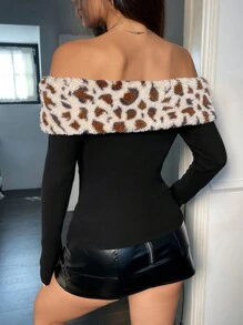 SHEIN EZwear Black Leopard Print Fuzzy Off Shoulder Knitted T-Shirt